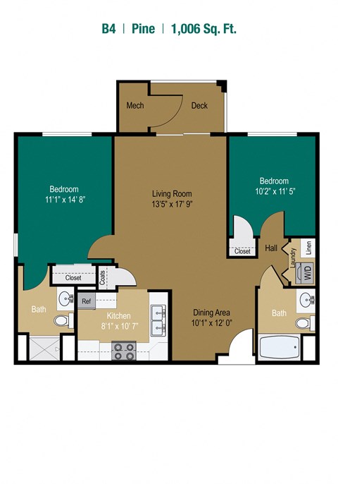 Floor plan for 2 beds, 2 baths, 1006 sqft